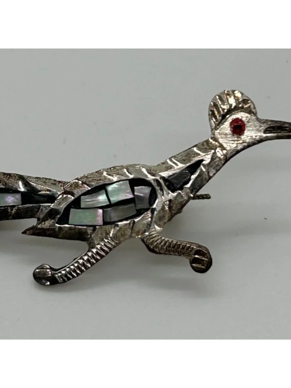 Vintage Heco En Mexico Sterling Silver 925 Abalone Shell Roadrunner Bird Brooch - Picture 3 of 12